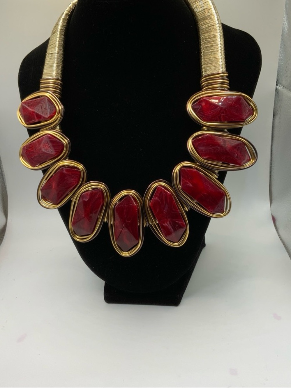 Statement Burgundy Stone and Gold Wire Collar Necklace
